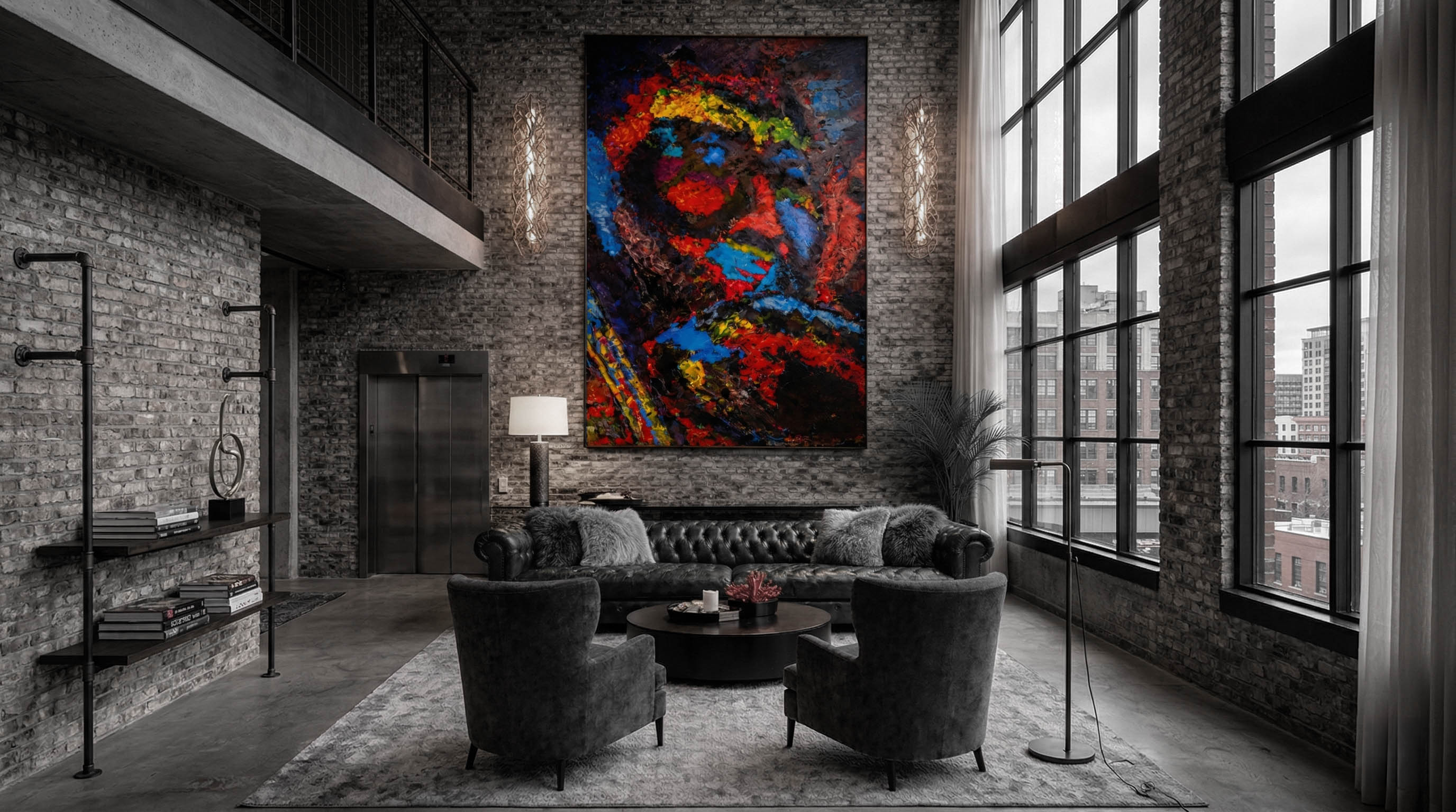 industrial interior with large rend abd blue artwork, black sofa set