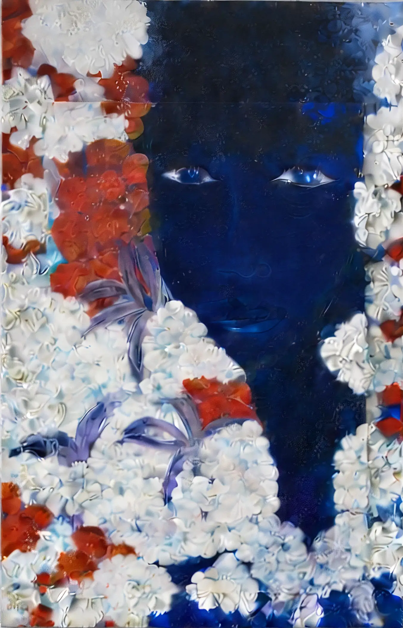 Custom artwork, blue face srounded by white flowers