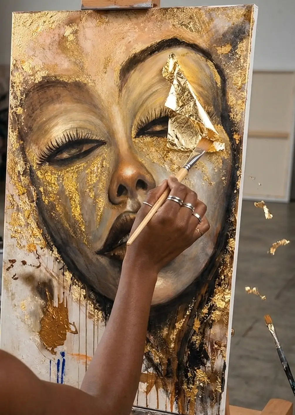 Hand painting an artwork, gold leafing