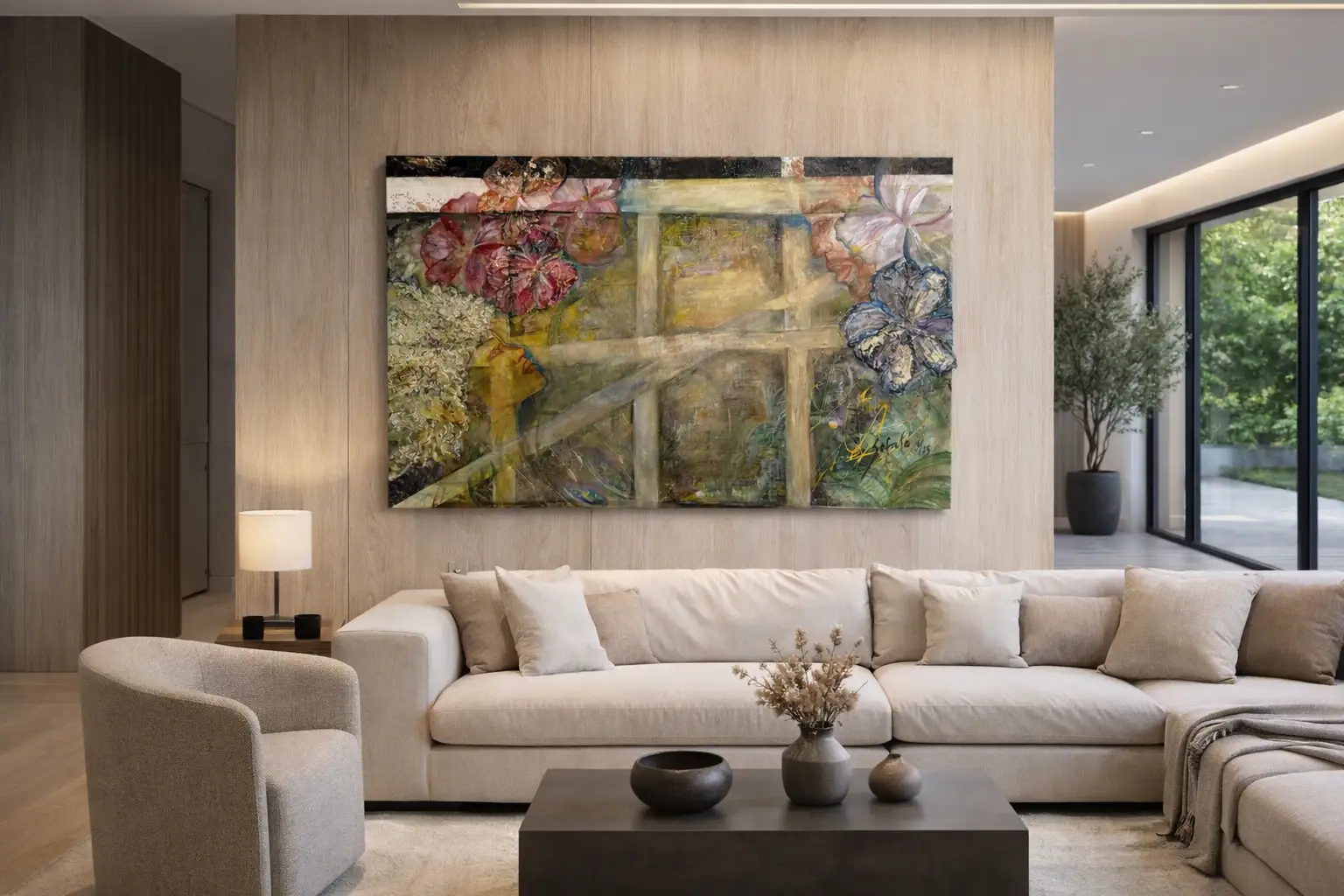 artwork in living room, white sofa and large glass window