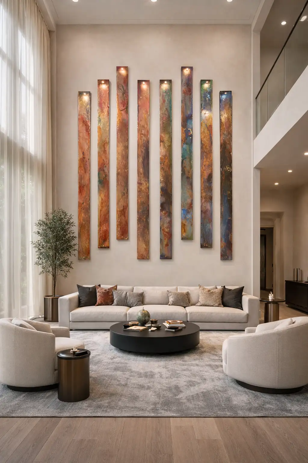 home interior with heigh ceiling, sofa and carpet, virtical artwork