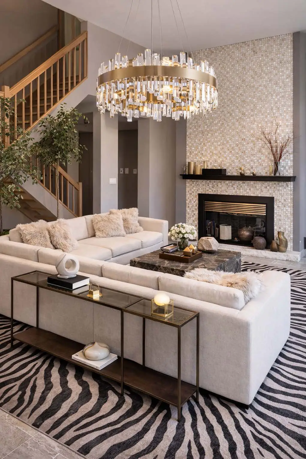 Luxury home interior, with a white sofa, zebra carpet and fire place