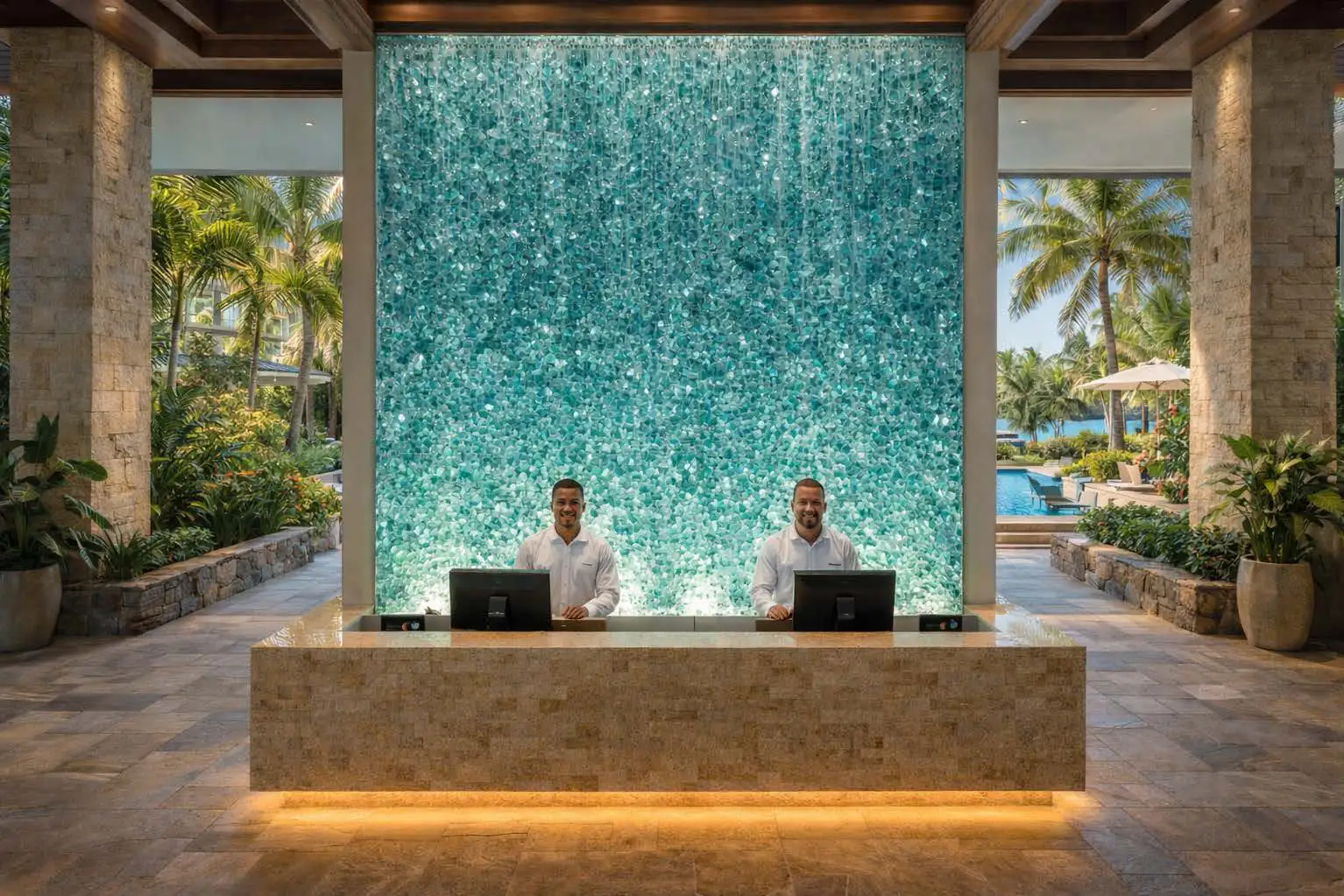 Luminous decorative stones, hotel reception. Front desk