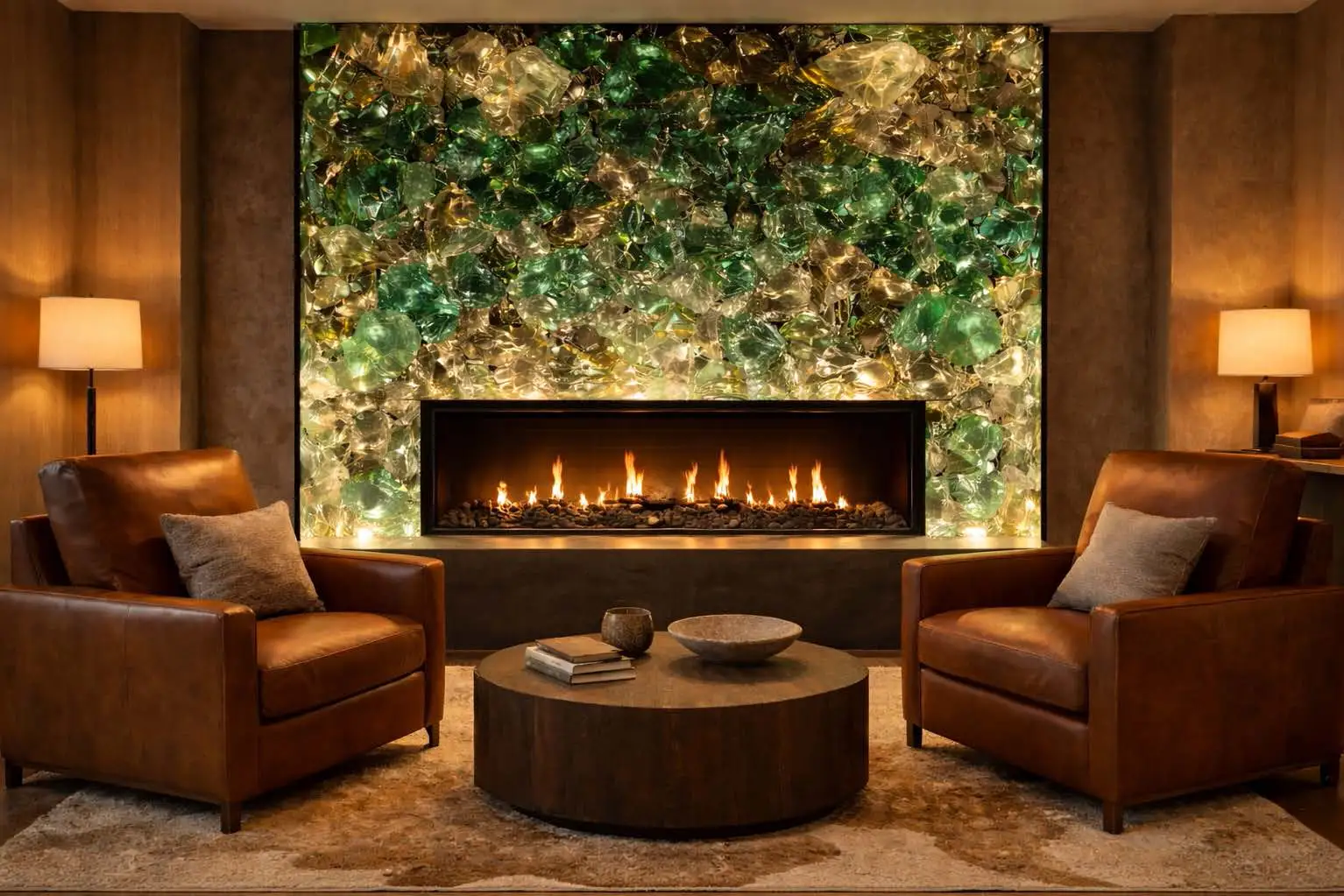 Luminous decorative stones, sire place and leather chairs