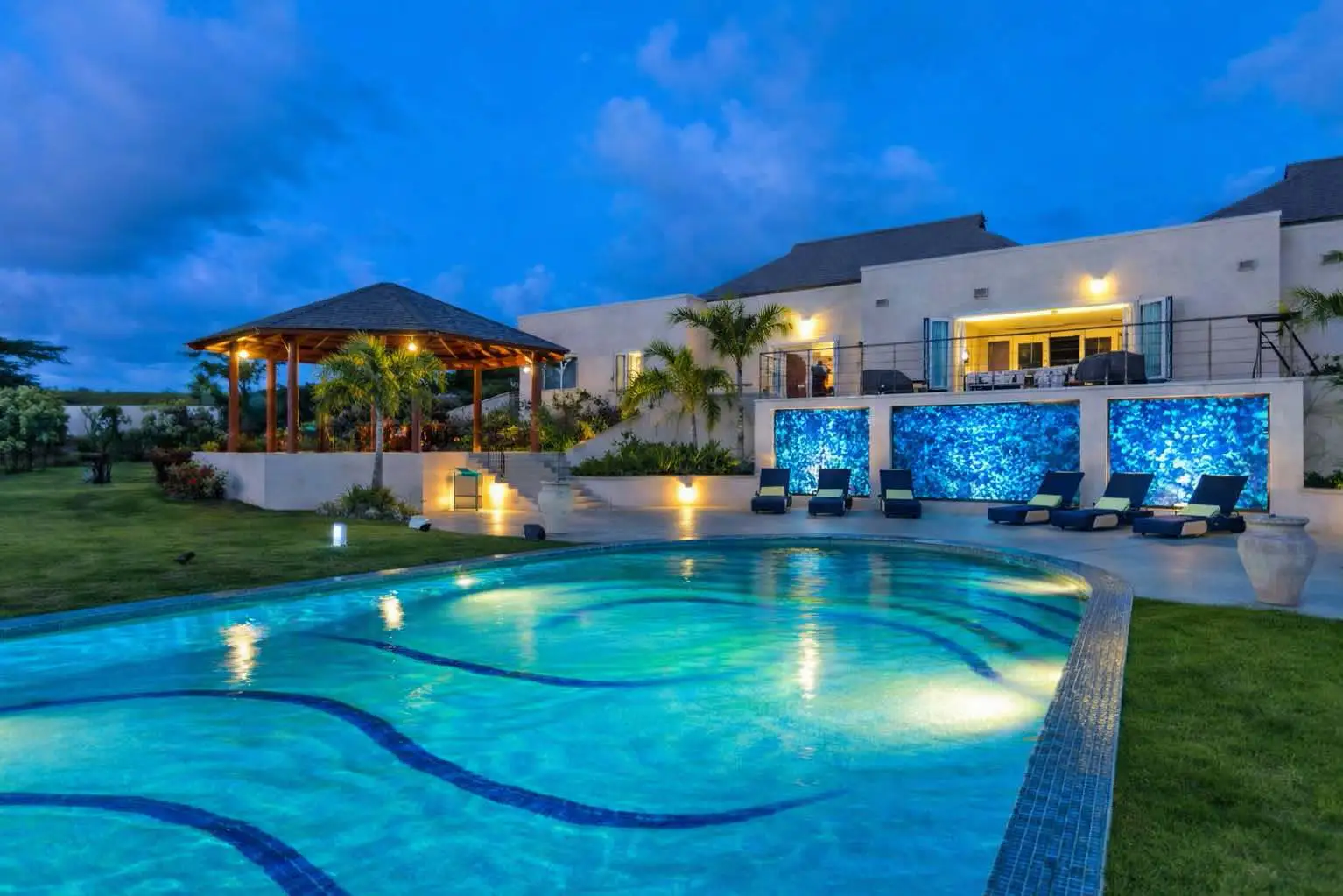 Luminous decorative stones, swiming pool, blue. in a back yard