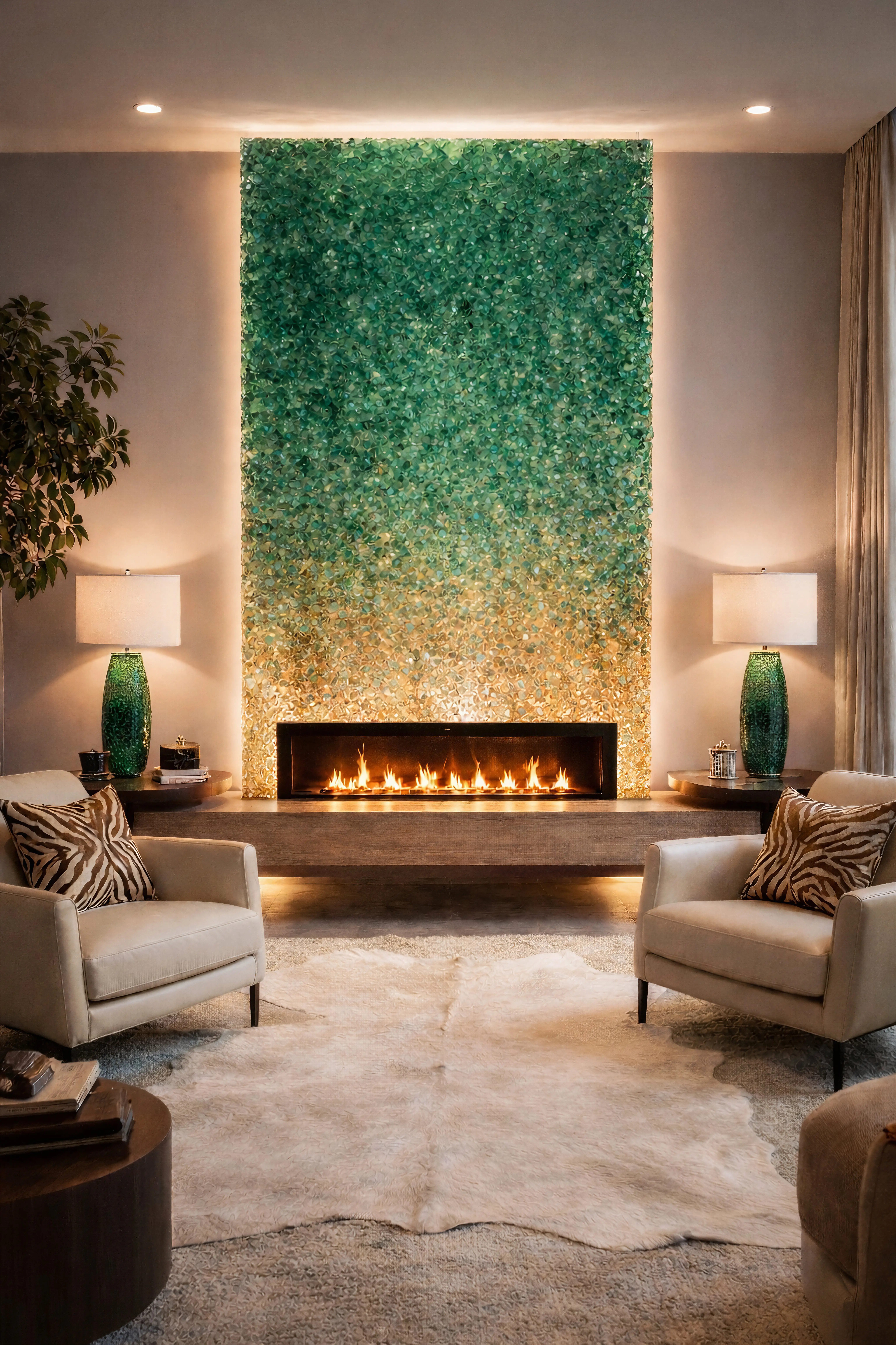 Luminous decorative stones, fire place and chairs