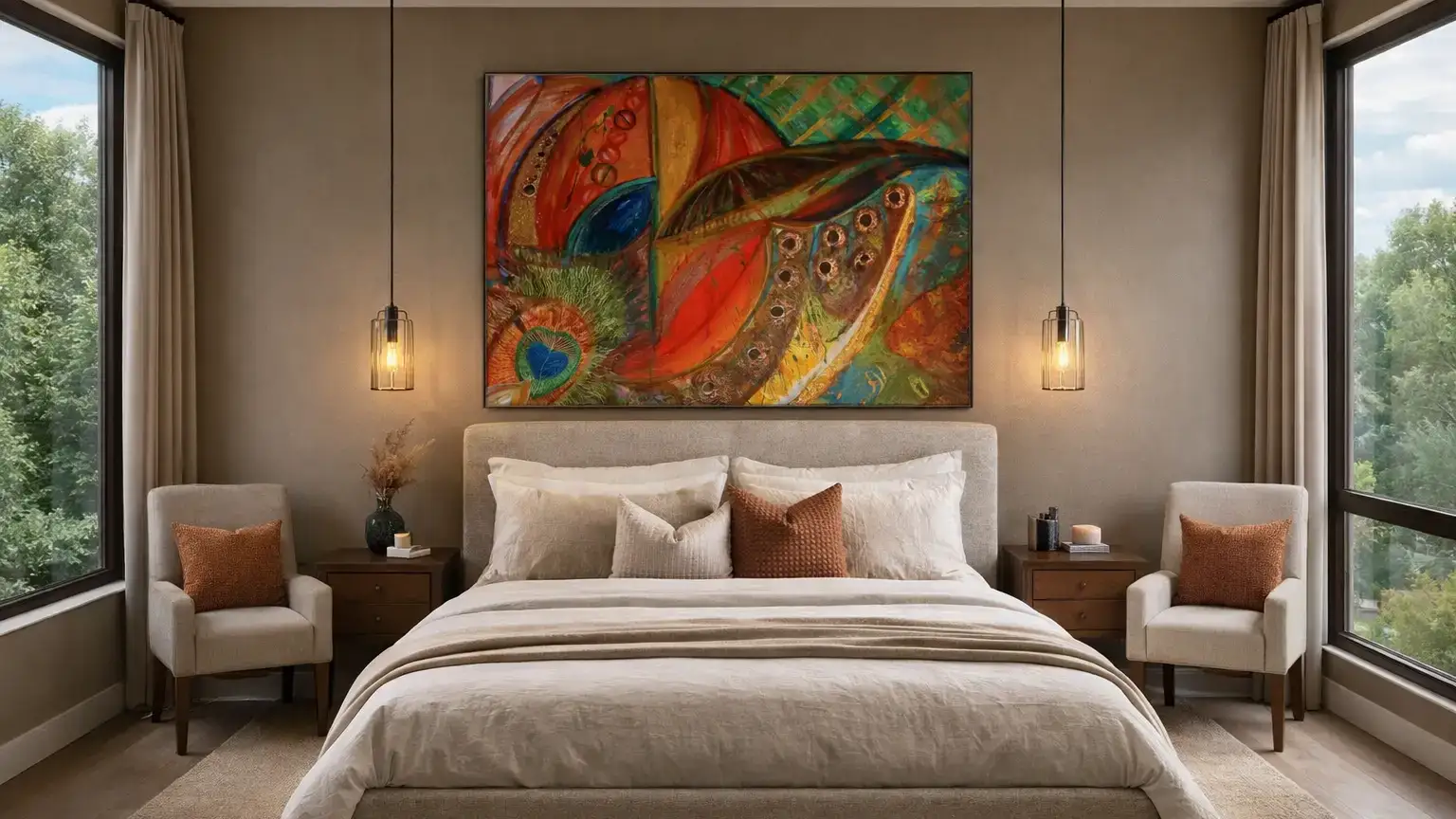 Art work, custom made, lights and bed, modern bedroom