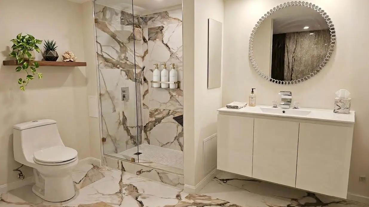 Bathroom interior, toilet and marble floor and walls