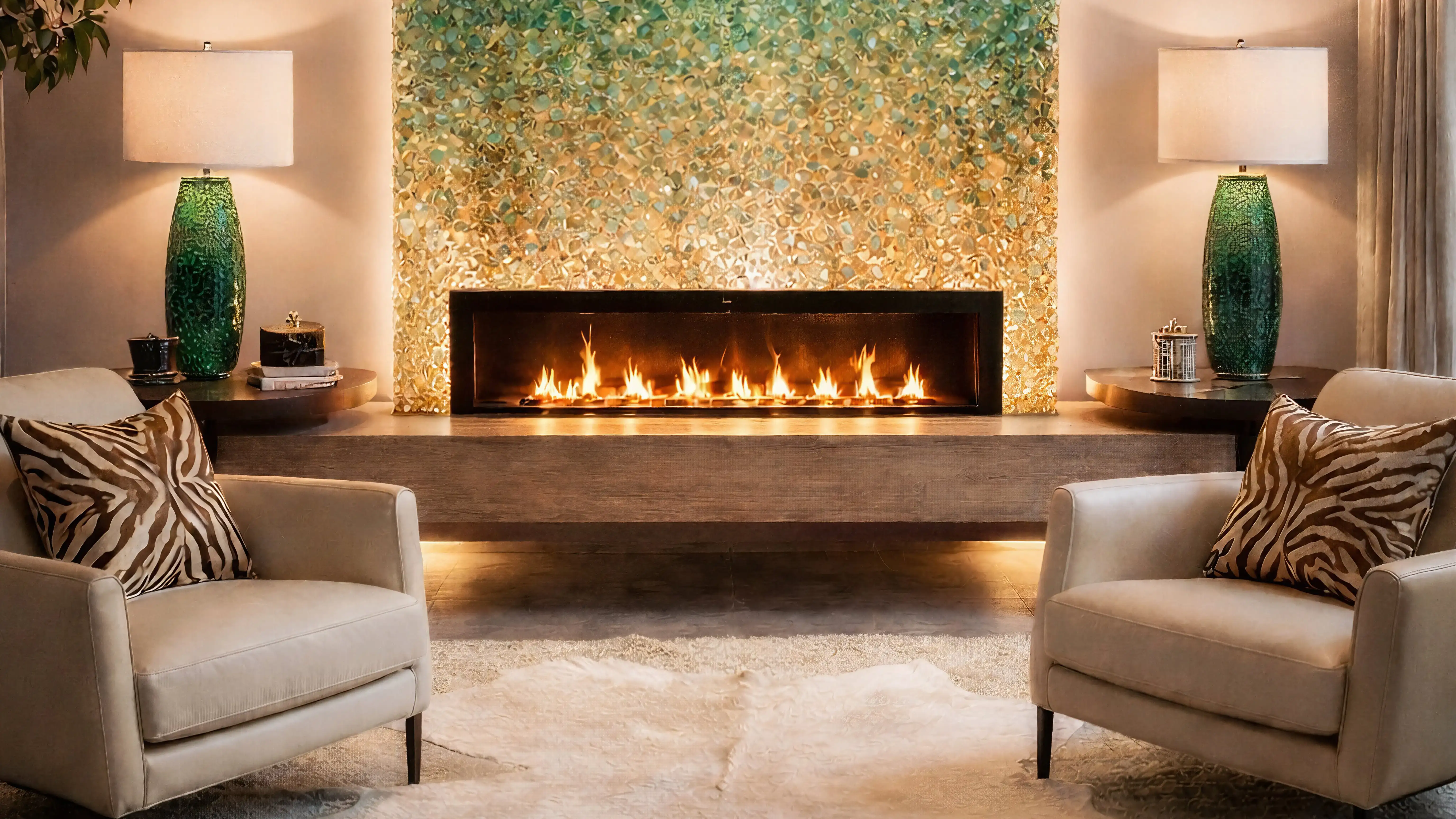 Luminous decorative stones, fire place, chairs and carpet