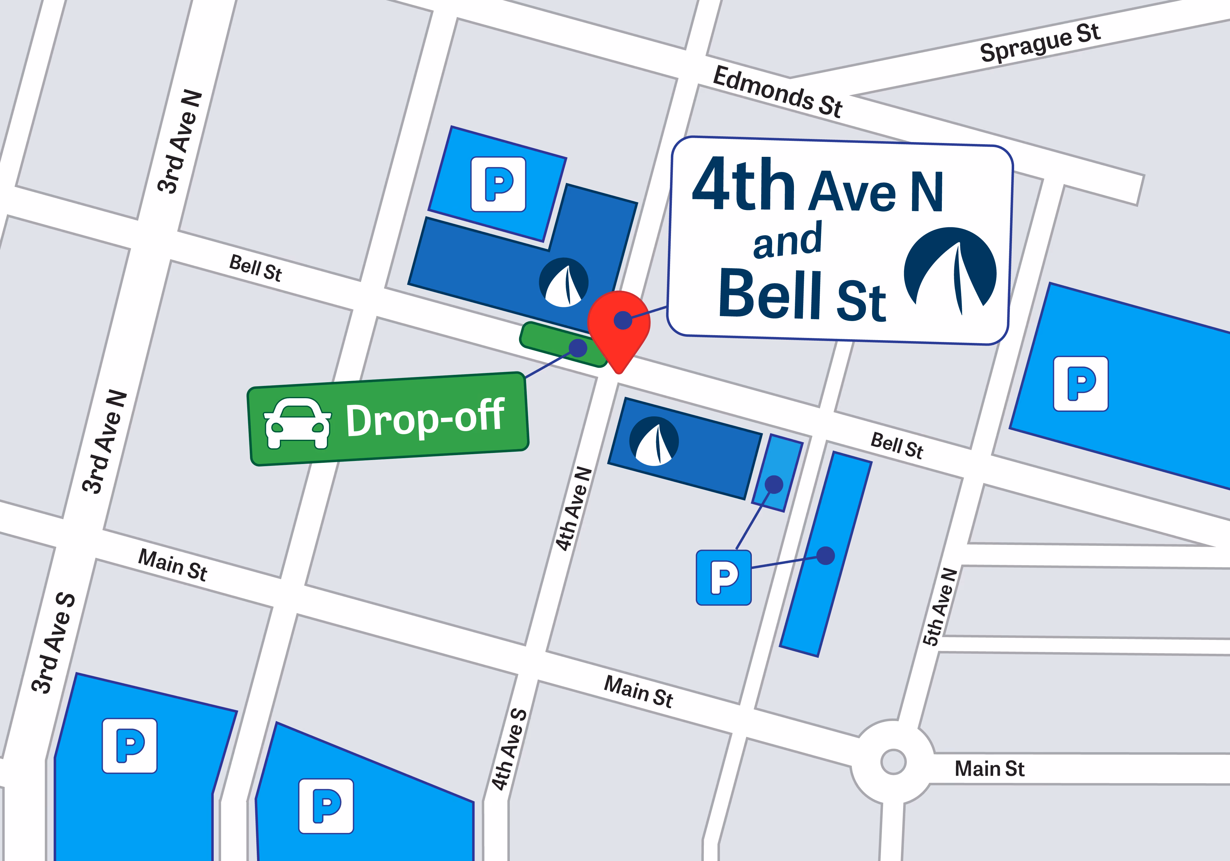 A map showing where to park that says 4th Avenue North and Bell Street