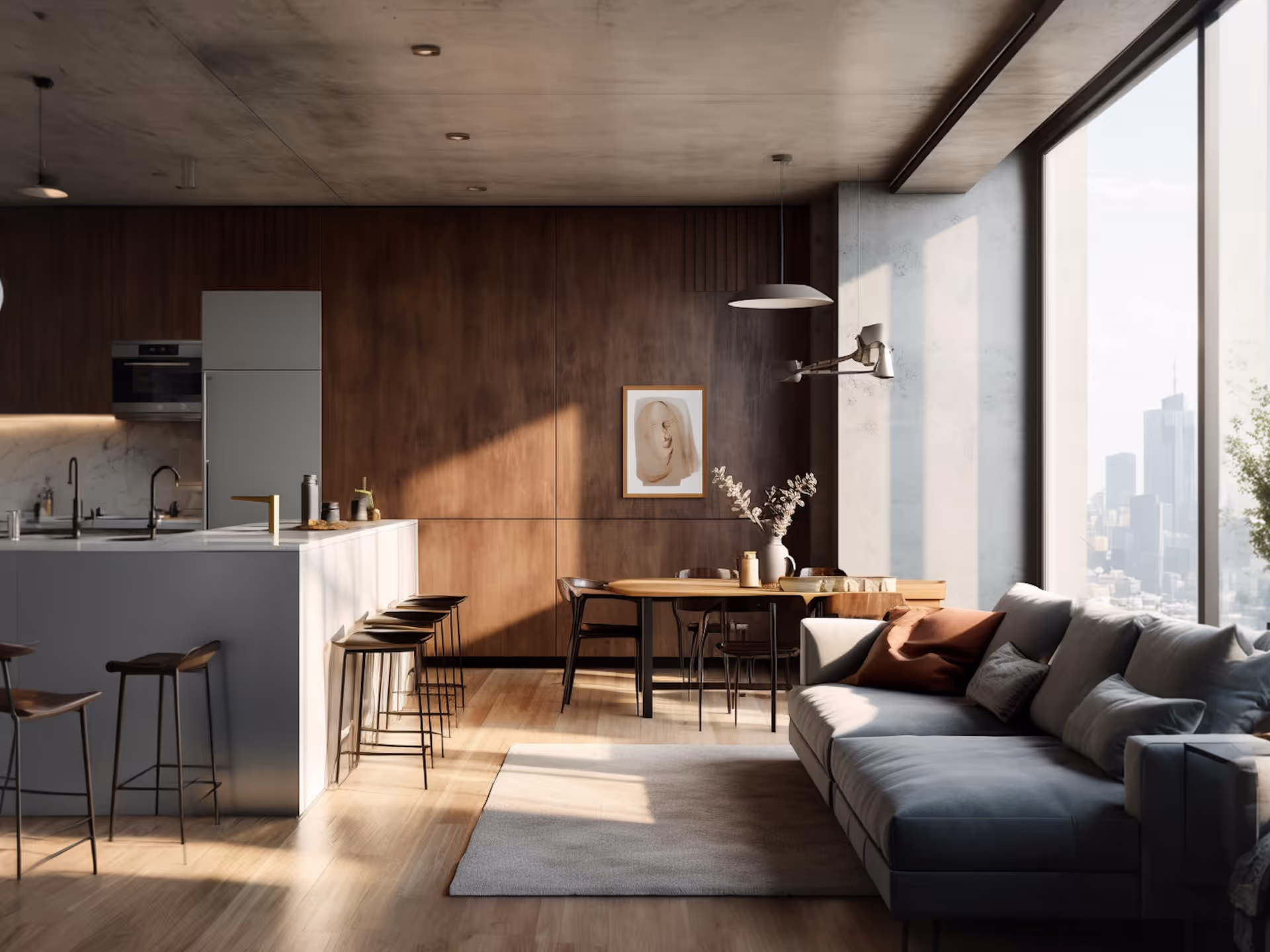 Team collaborating around a table with a notebook showing diagrams and colorful paper shapes.