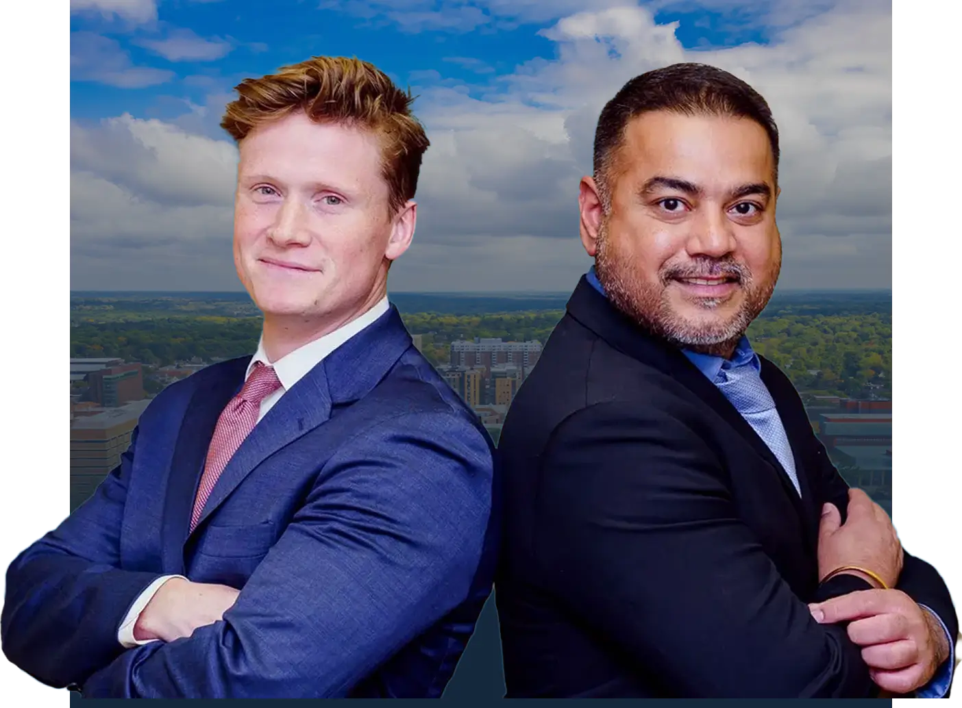 Two men in suits standing back to back with arms crossed, with a cityscape and cloudy sky background.