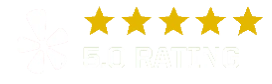 Five gold stars above the text '5.0 RATING' with a partial Yelp logo on the left.