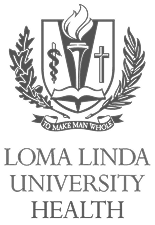 Loma Linda University Health logo with a torch, caduceus, and cross emblem surrounded by laurel branches.