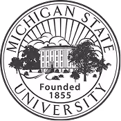 Michigan State University seal featuring a central building with trees and the text 'Michigan State University Founded 1855'.