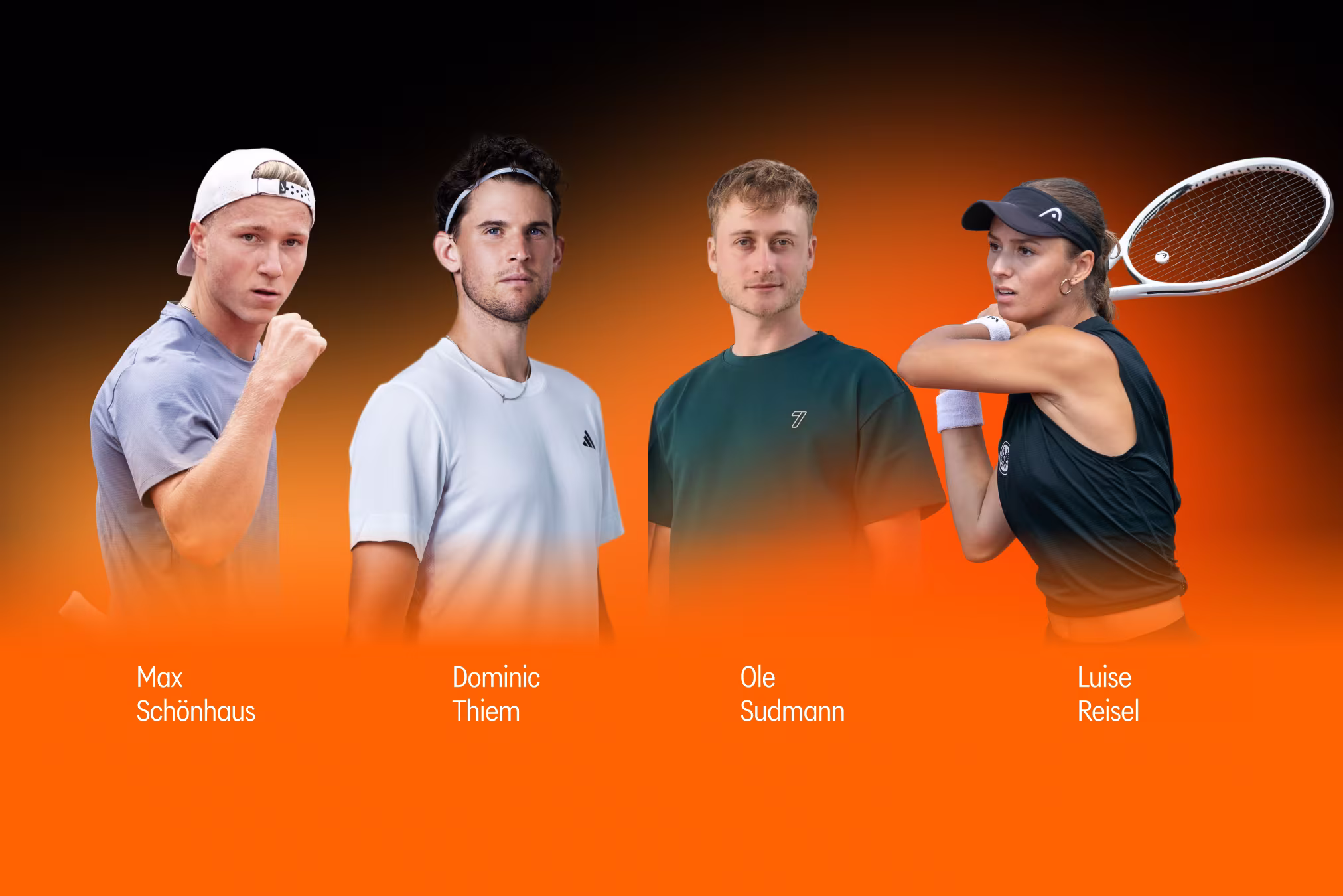 Porträt von Dominic Thiem mit Stirnband vor orangefarbenem Hintergrund.