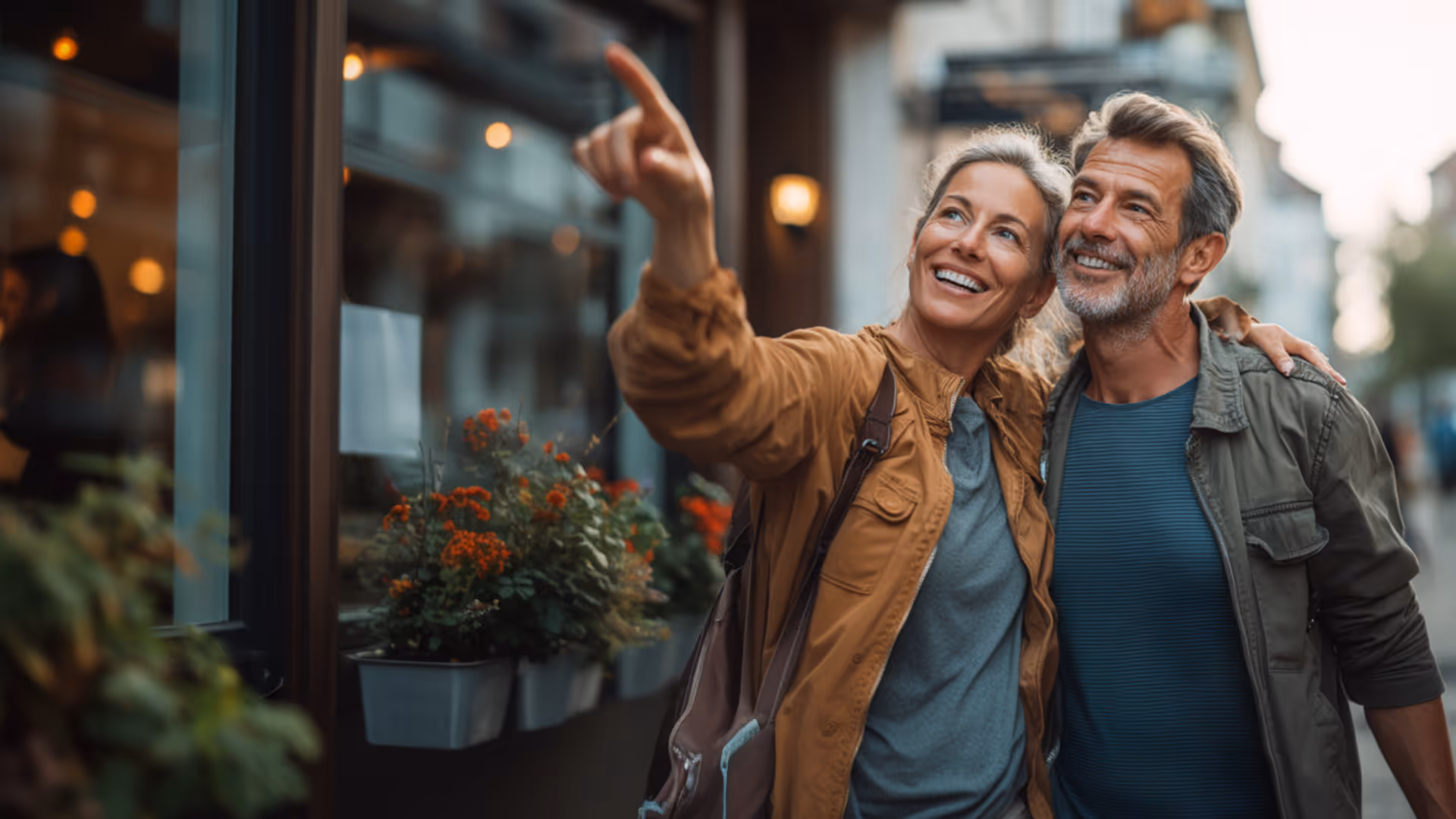Smiling middle-aged couple walking arm in arm with the woman pointing at something outside a shop window with flower boxes.