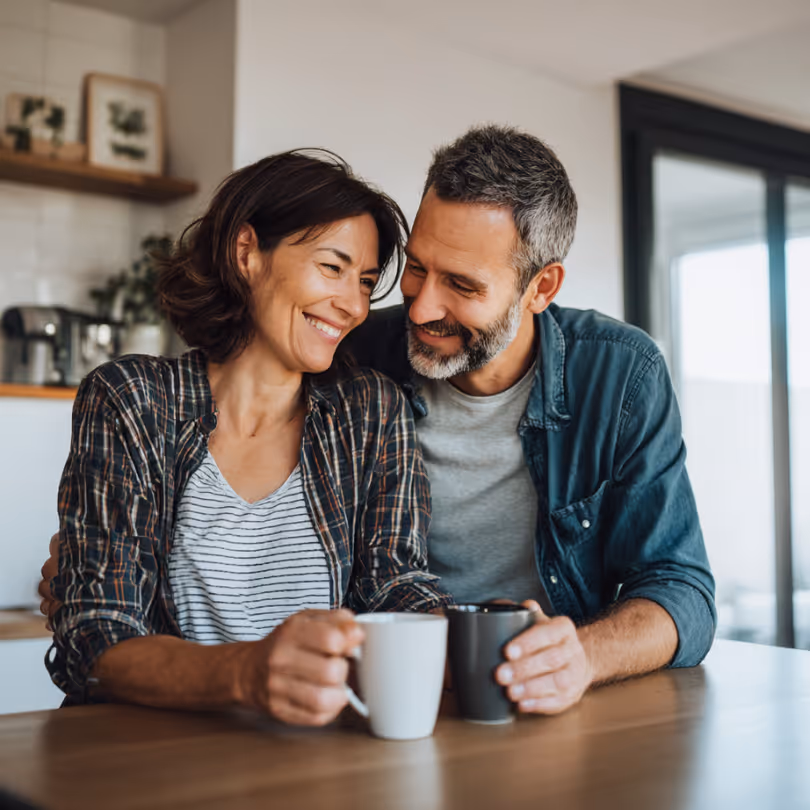 Smiling couple sitting closely at a table holding coffee mugs in a cozy kitchen.