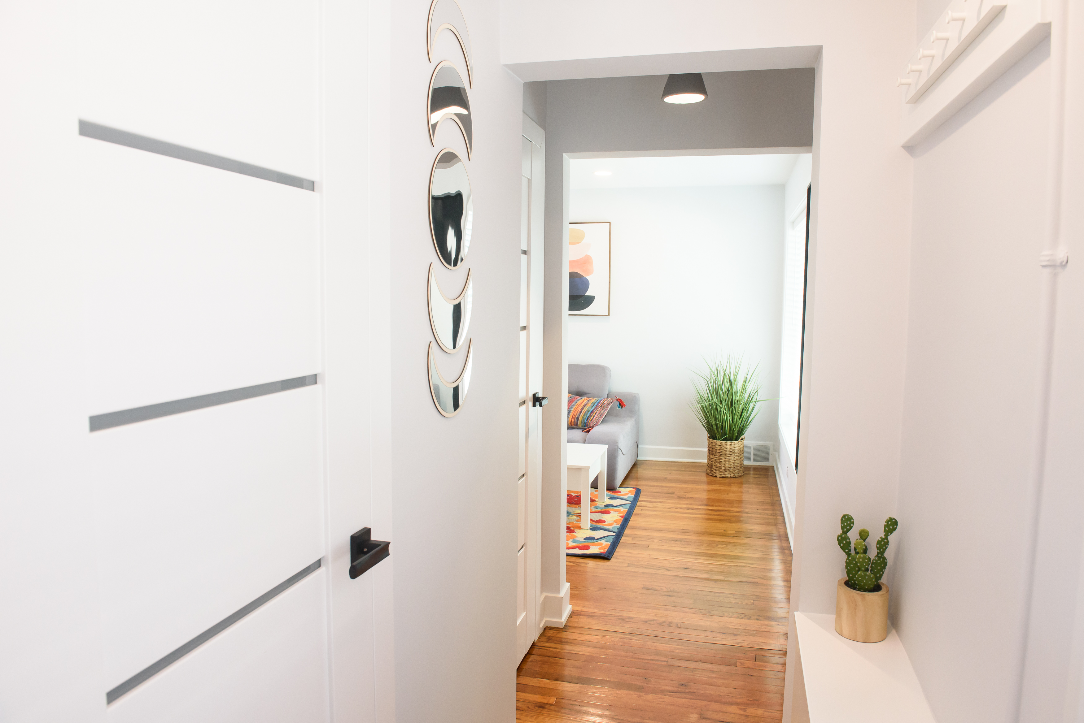 Bright hallway with wooden floor leading to a living room featuring a gray couch, colorful rug, green plant in a basket, and modern artwork.