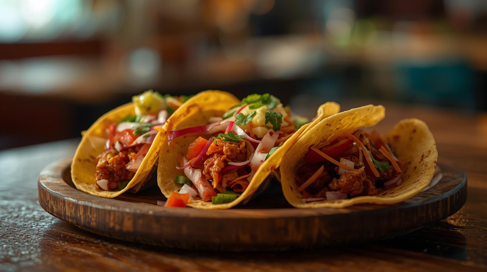 Three soft tacos filled with seasoned meat, diced tomatoes, onions, shredded cheese, and garnished with cilantro on a wooden plate.