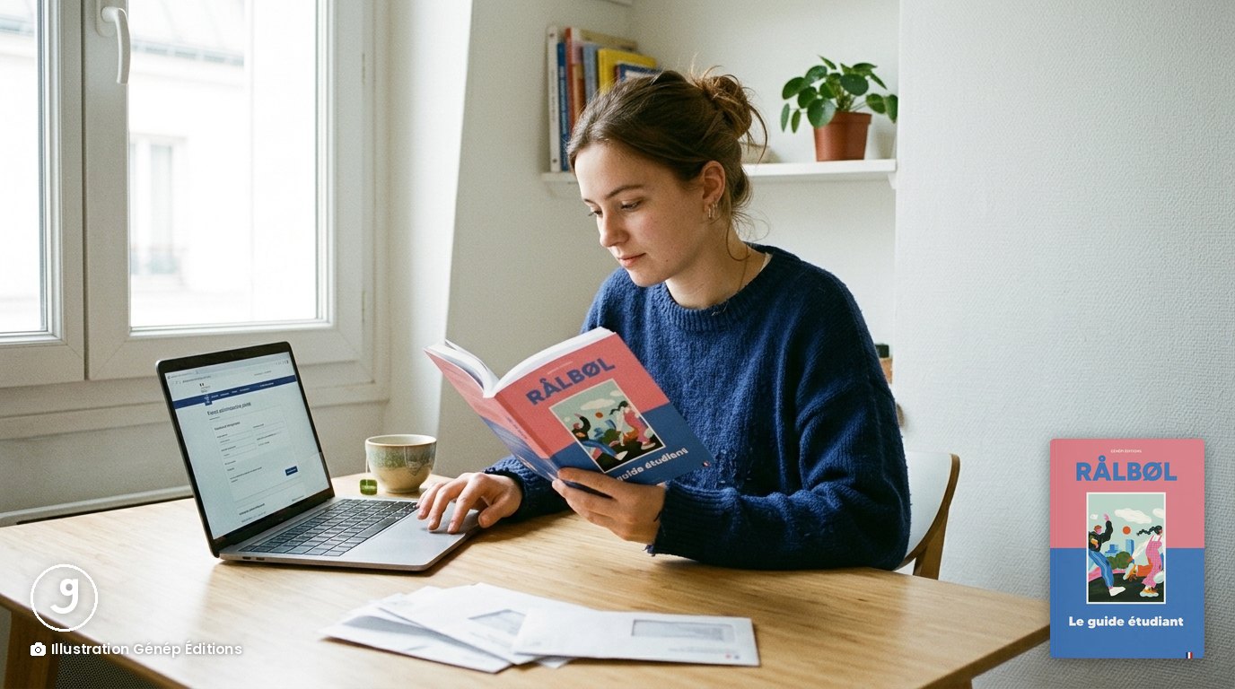 Étudiante à la table de son studio, lisant le guide RÅLBØL devant un ordinateur ouvert sur un formulaire administratif