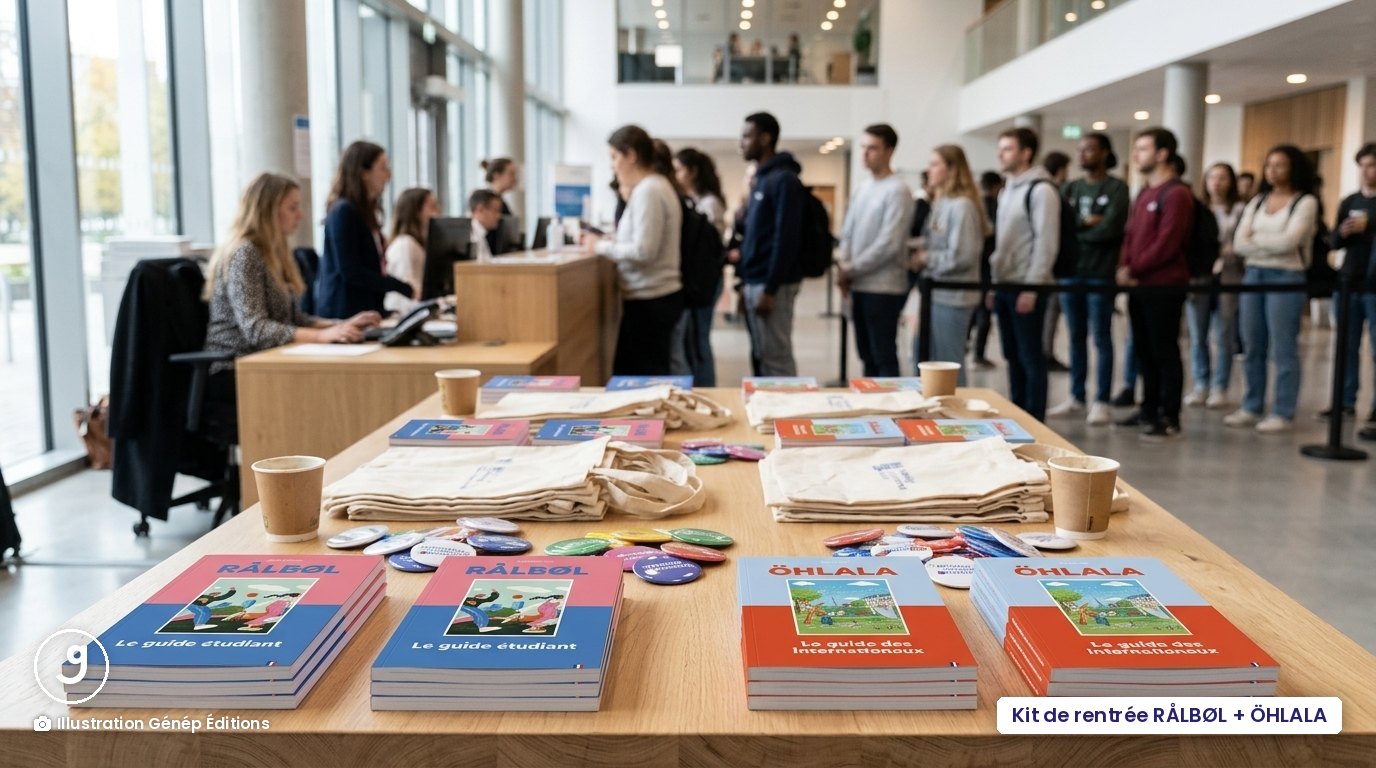 Table d'accueil d'une université à la rentrée avec des piles des guides RÅLBØL et ÖHLALA, des tote bags et des étudiants qui font la queue