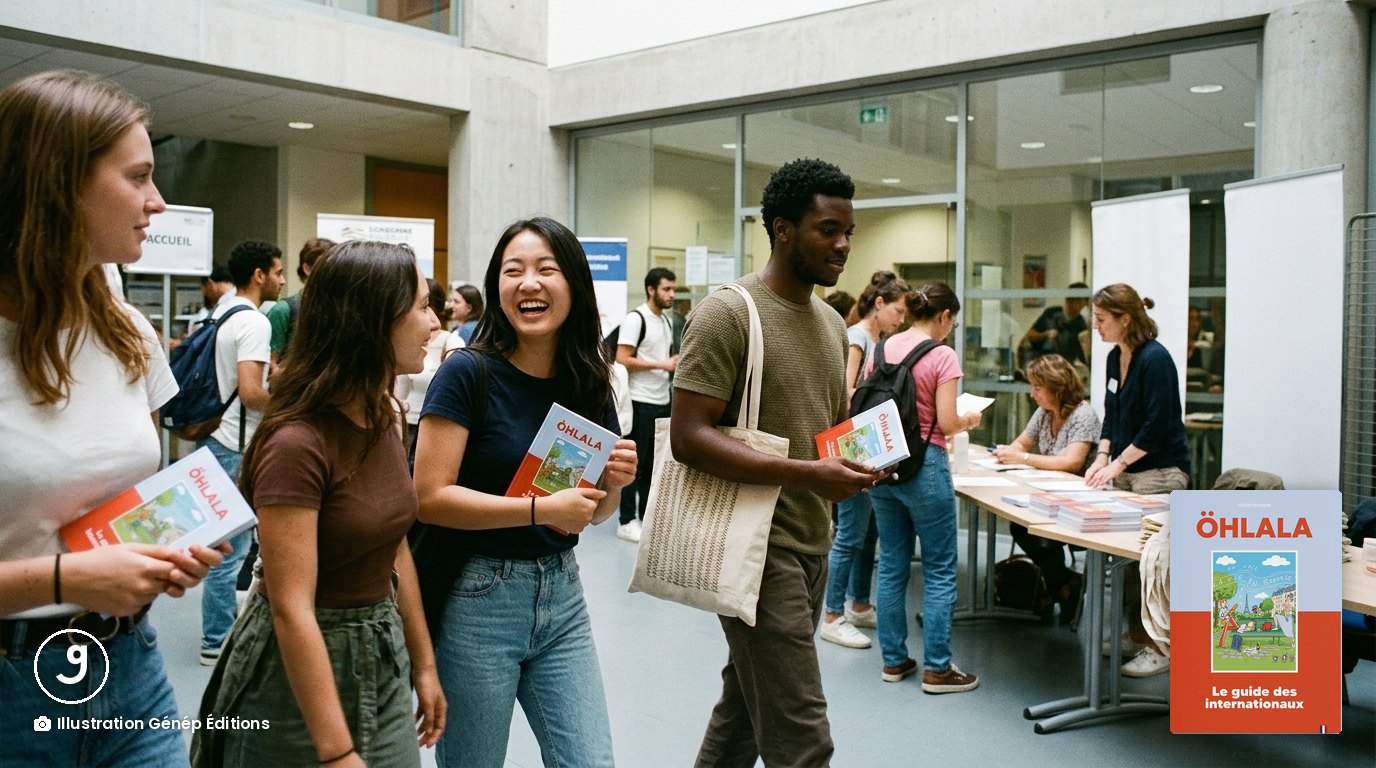 Étudiants internationaux dans le hall d'une université le jour de la rentrée, le guide ÖHLALA à la main, devant la table d'accueil