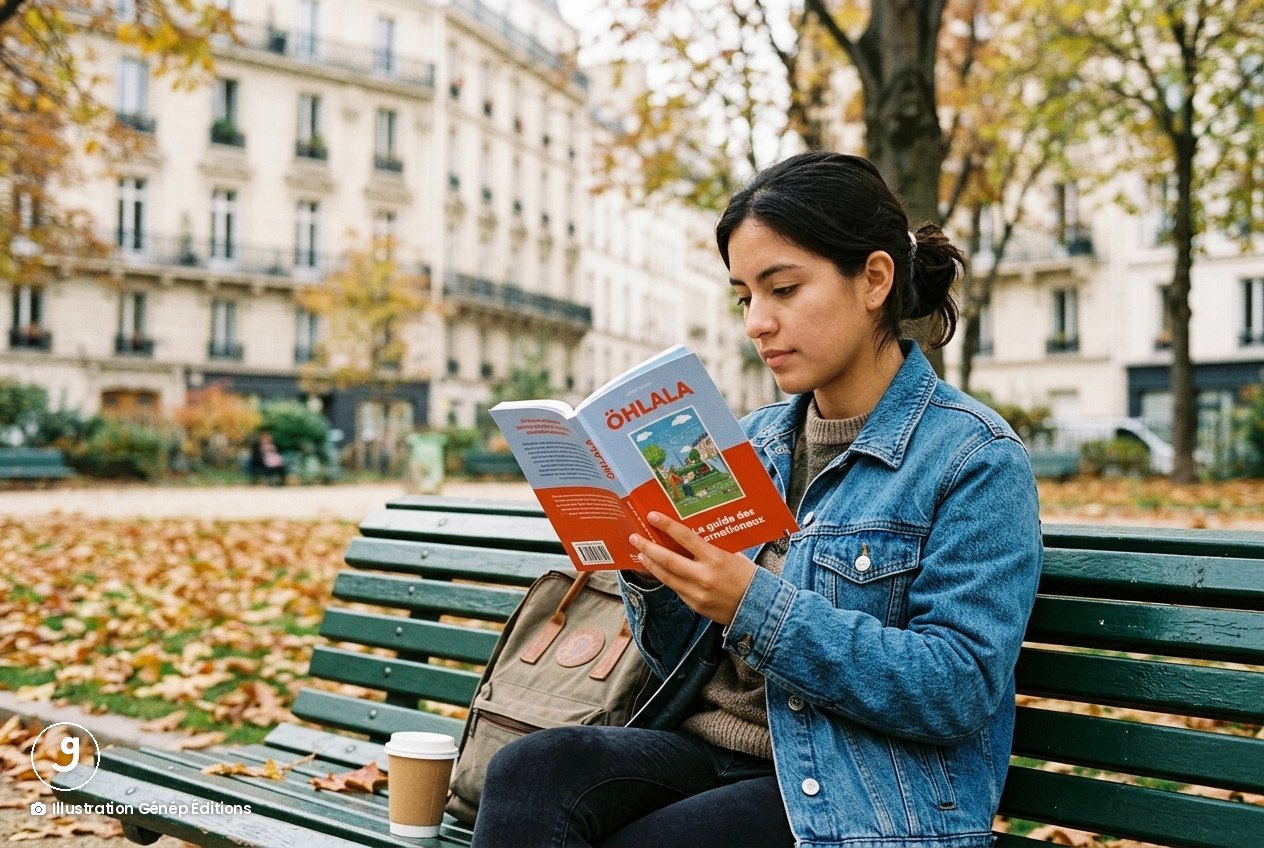 Une étudiante internationale lit le guide ÖHLALA sur un banc d'un square parisien en automne