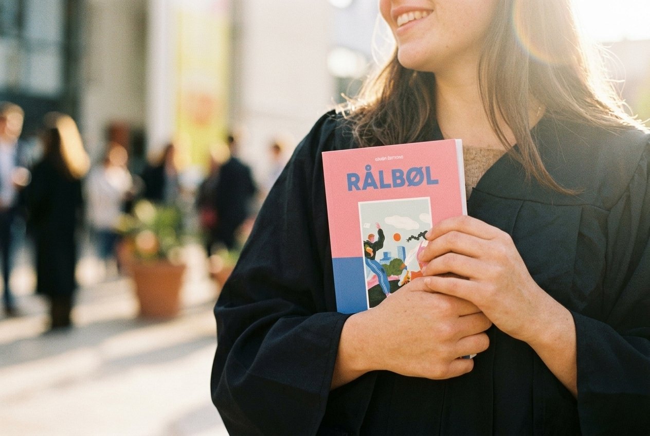 Une jeune diplômée serre contre elle le guide RÅLBØL après la remise des diplômes