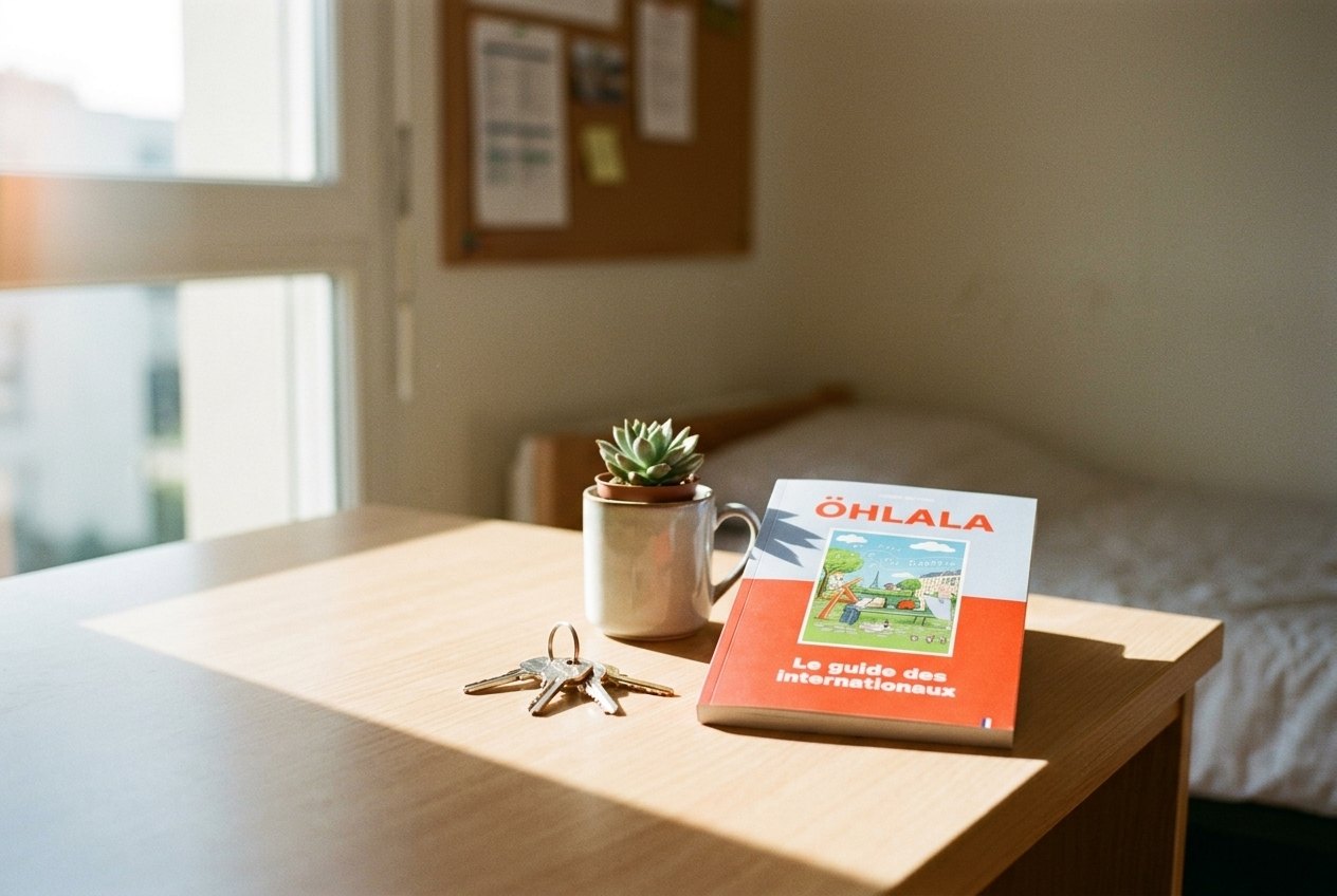 Le guide ÖHLALA posé sur le bureau d'une chambre de résidence étudiante, avec un trousseau de clés