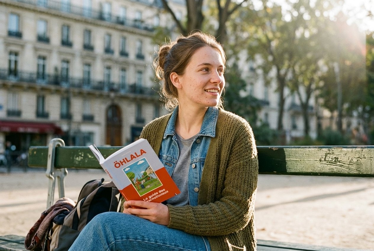 Une étudiante internationale lit le guide ÖHLALA sur un banc à Paris