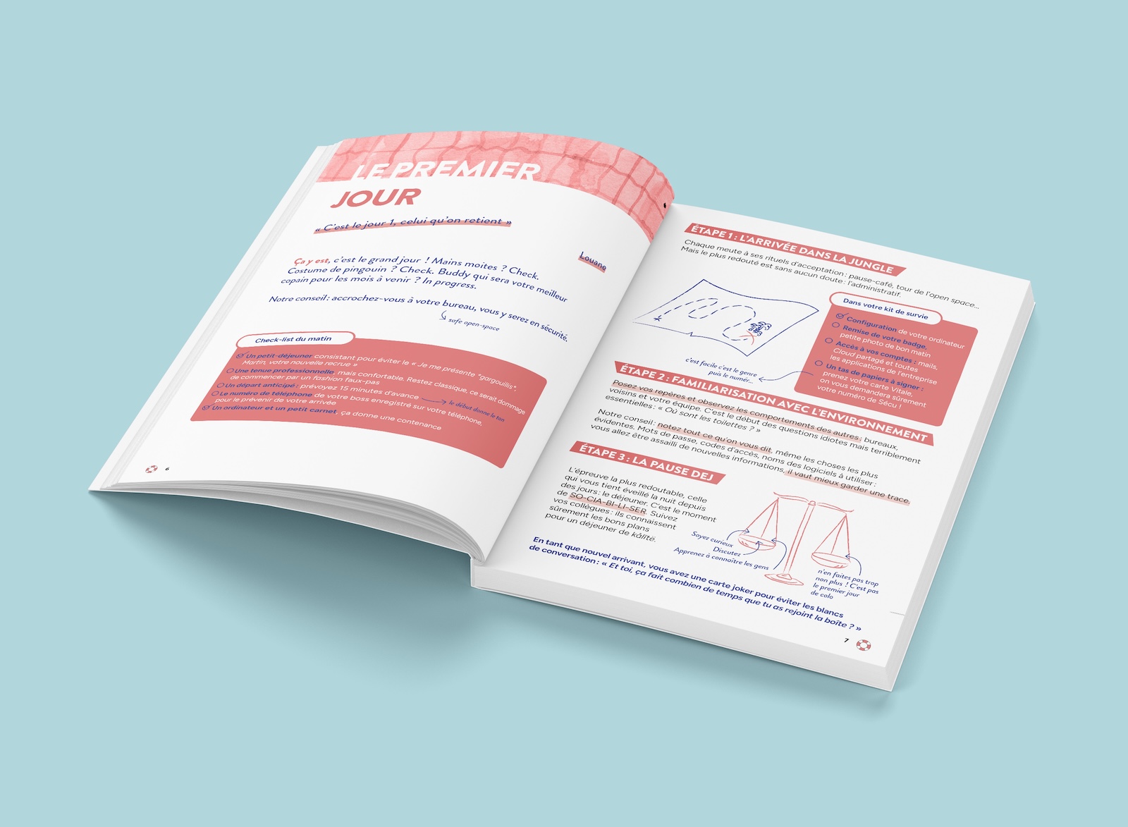 Le guide PLØÚF ouvert sur une double page consacrée au premier jour en entreprise.