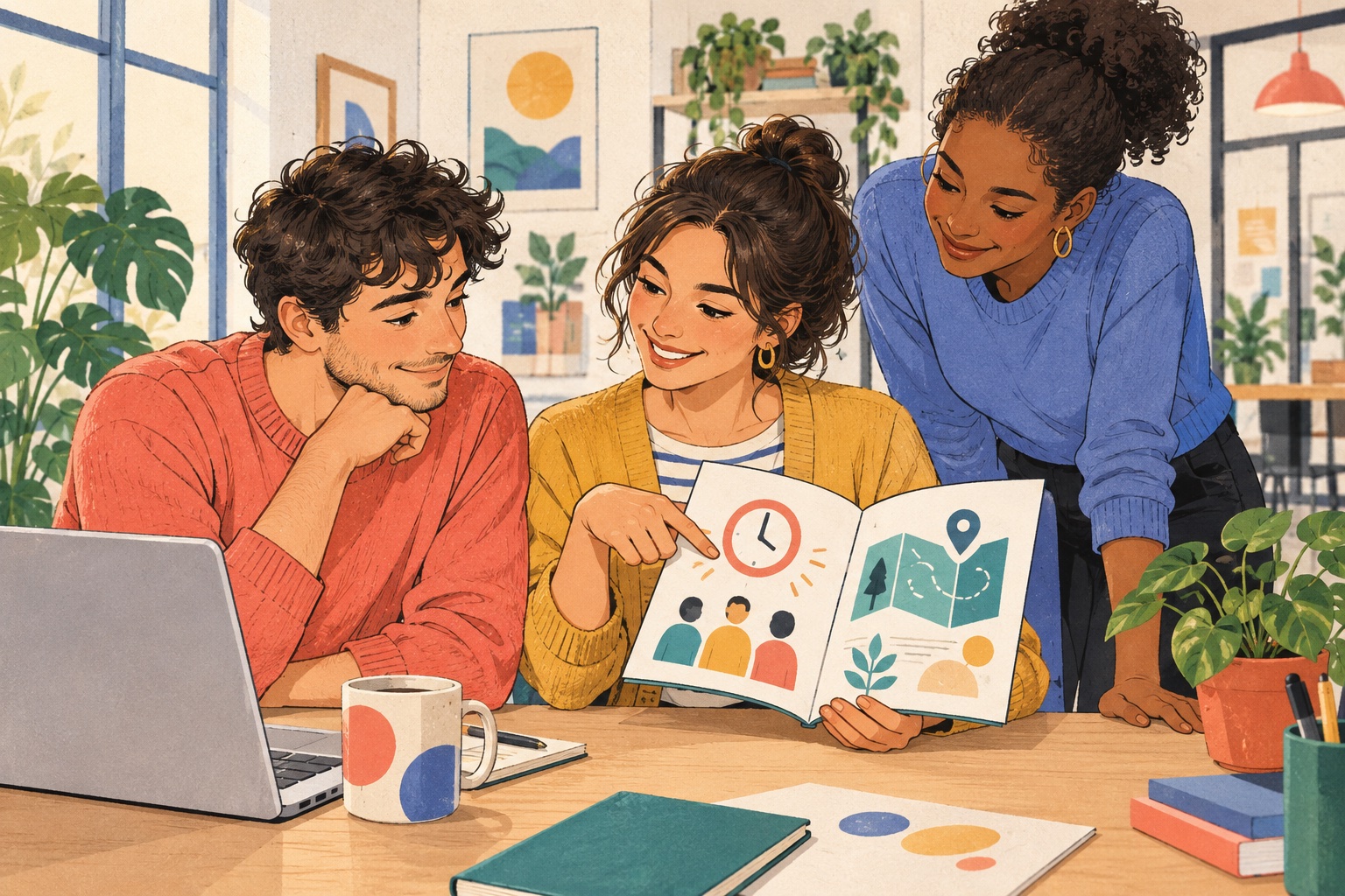 Illustration de trois collègues échangeant autour d’un livret d’accueil dans un bureau.