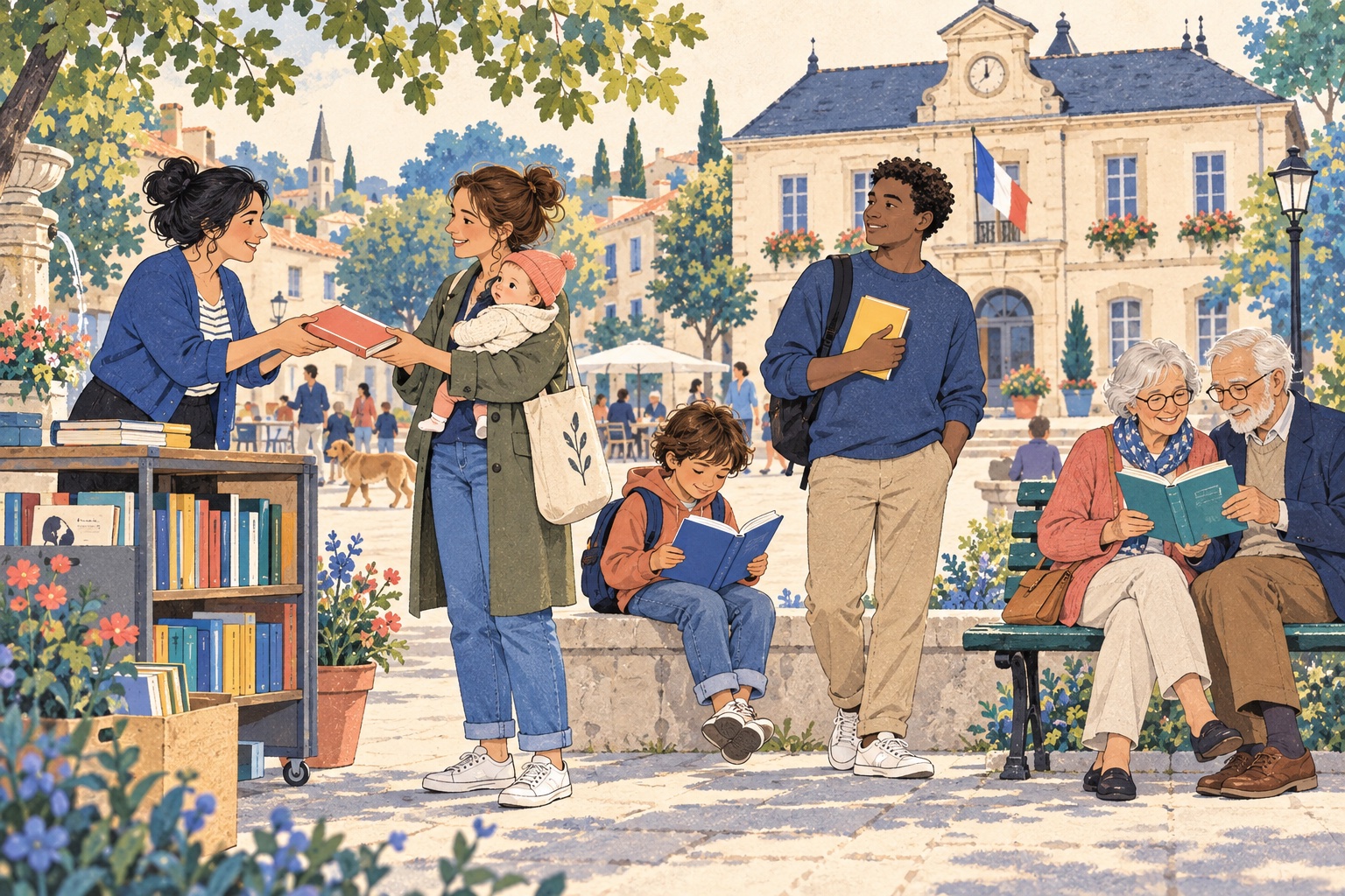 Illustration de livres offerts aux habitants devant une mairie, de la naissance à la retraite.