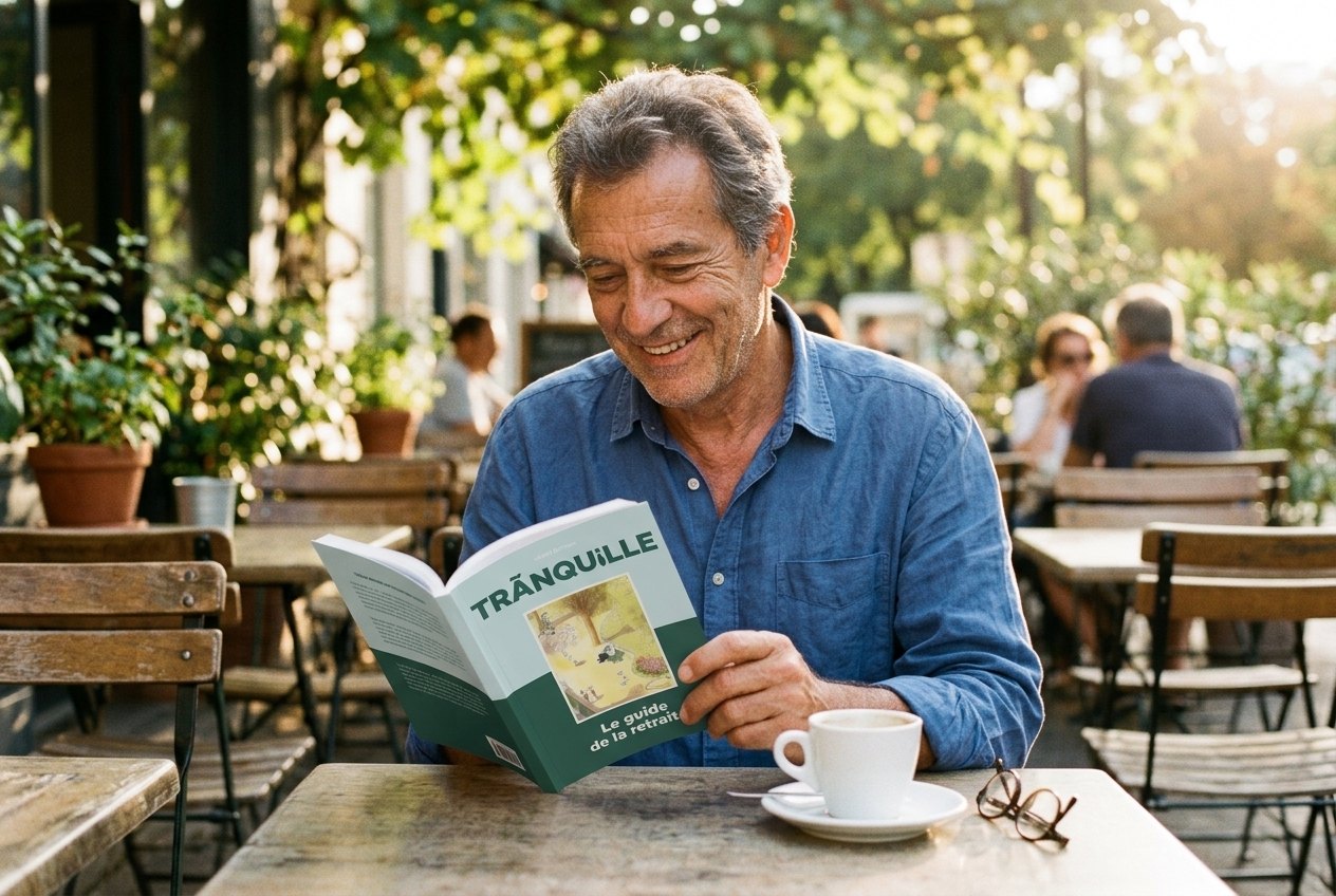 Un homme lit le guide TRANQUILLE à la terrasse d’un café.