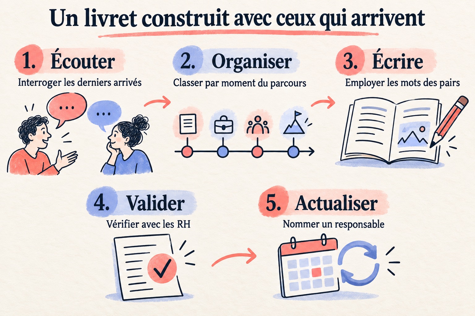 Cinq étapes pour construire un livret : écouter les derniers arrivés, organiser par moment, écrire entre pairs, valider avec les RH et actualiser.