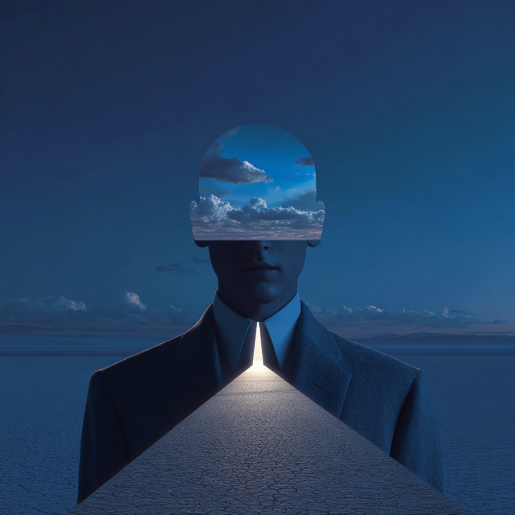 Surreal figure with open sky where the mind is — ketamine for OCD