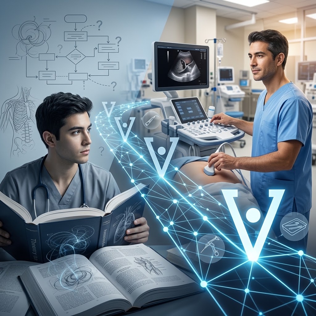 A clinician studies anatomical texts beside a colleague performing a bedside ultrasound, with a connecting graphic between knowledge and practice.