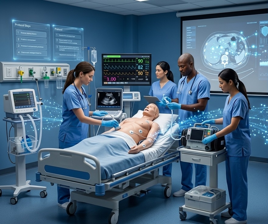 Four clinicians in a simulation bay practise ultrasound and monitoring on a training mannequin.