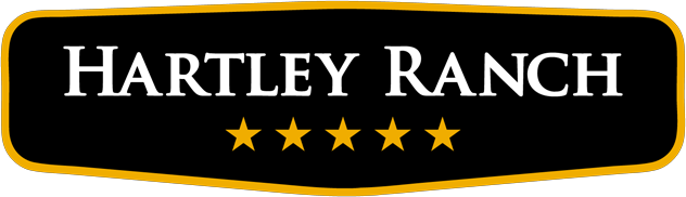 Hartley Ranch logo with five gold stars below the name on a black and gold bordered background.