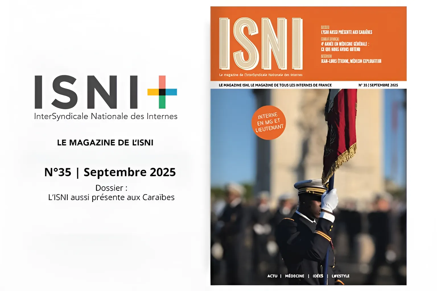 Couverture du magazine ISNI n°35 septembre 2025 avec un militaire en uniforme tenant un drapeau.