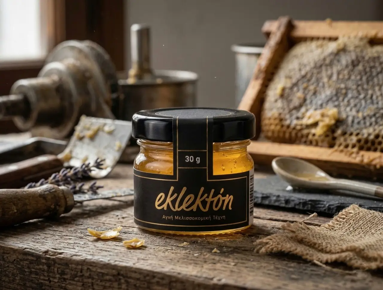 Small jar of golden honey labeled 'eklektón' placed on a rustic wooden table with honeycomb, a spoon, and honey-processing tools in the background.