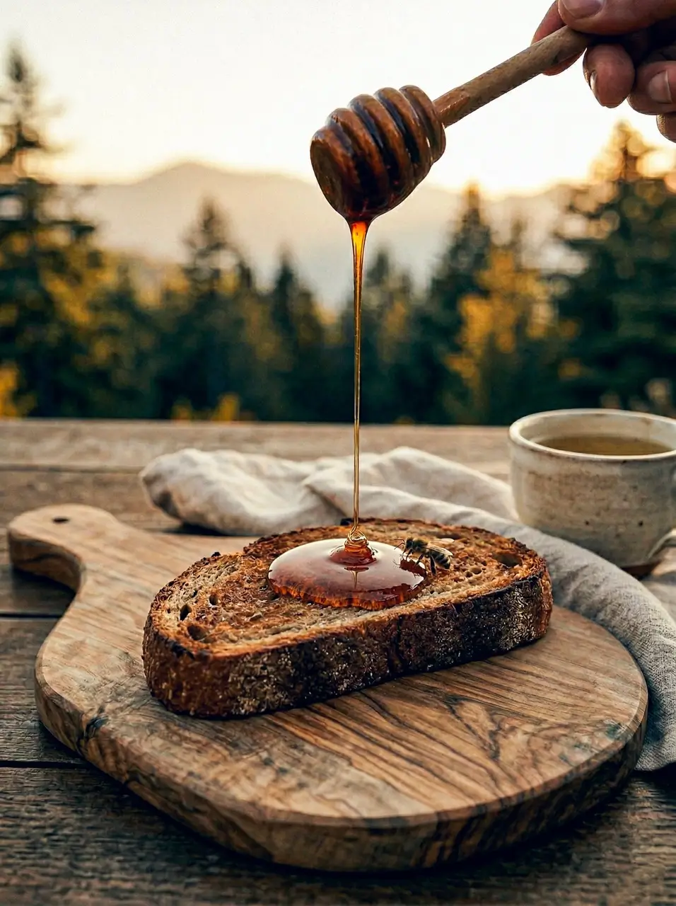 Honey drizzling from a wooden dipper onto a slice of rustic bread with a bee on it, set on a wooden cutting board with a cup in the background and forest scenery.
