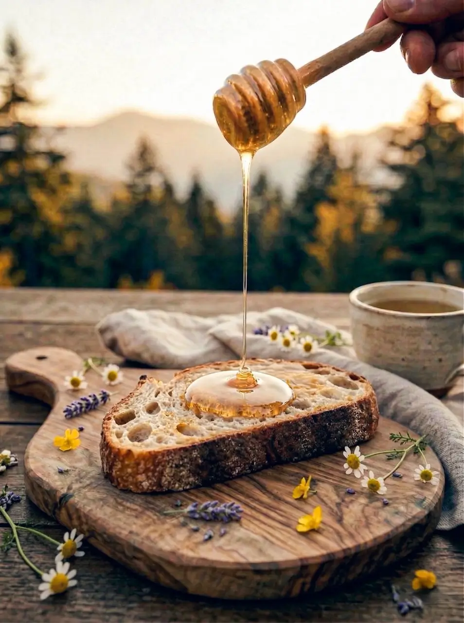 Honey being drizzled from a wooden honey dipper onto a slice of rustic bread on a wooden board with wildflowers and a cup in the background.