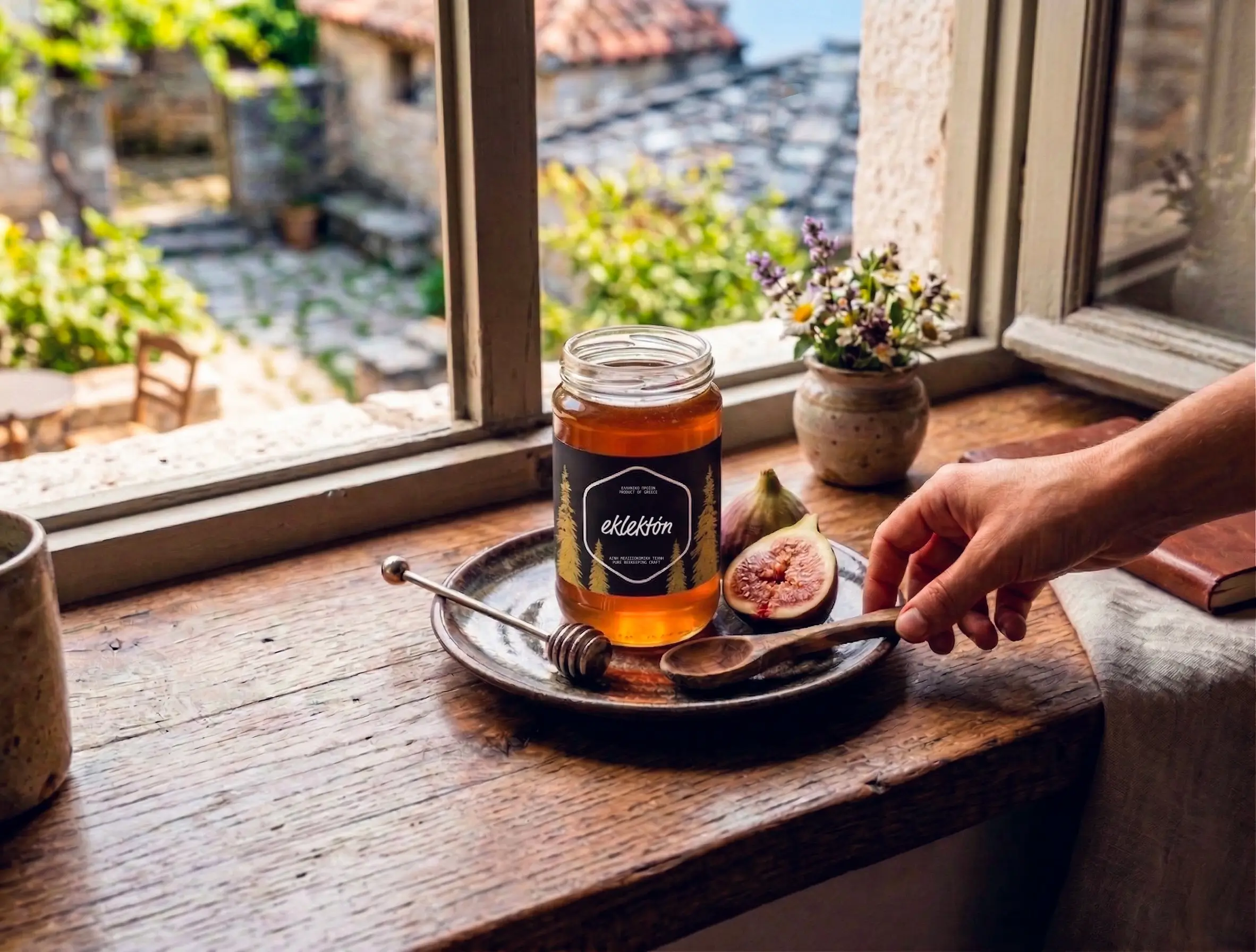 Jar of amber honey on a metal plate with a honey dipper, a halved fig, a wooden spoon held by a hand, and a small pot of flowers on a wooden windowsill overlooking a stone-paved outdoor area.