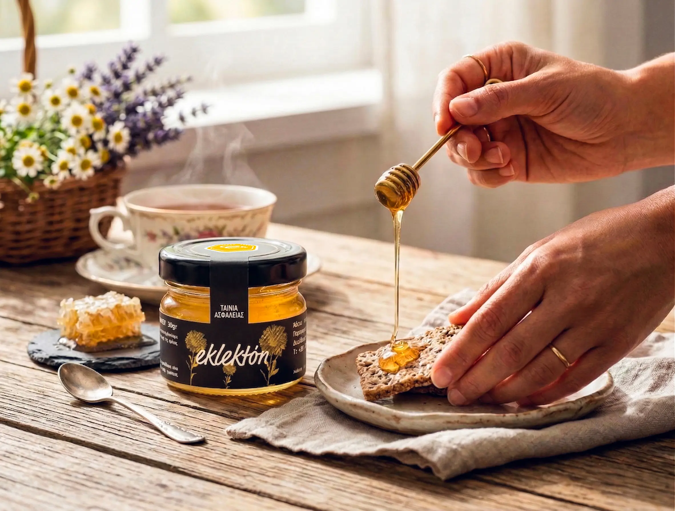Person drizzling honey from a dipper onto a crispbread on a ceramic plate with a jar of honey and a cup of tea in the background.
