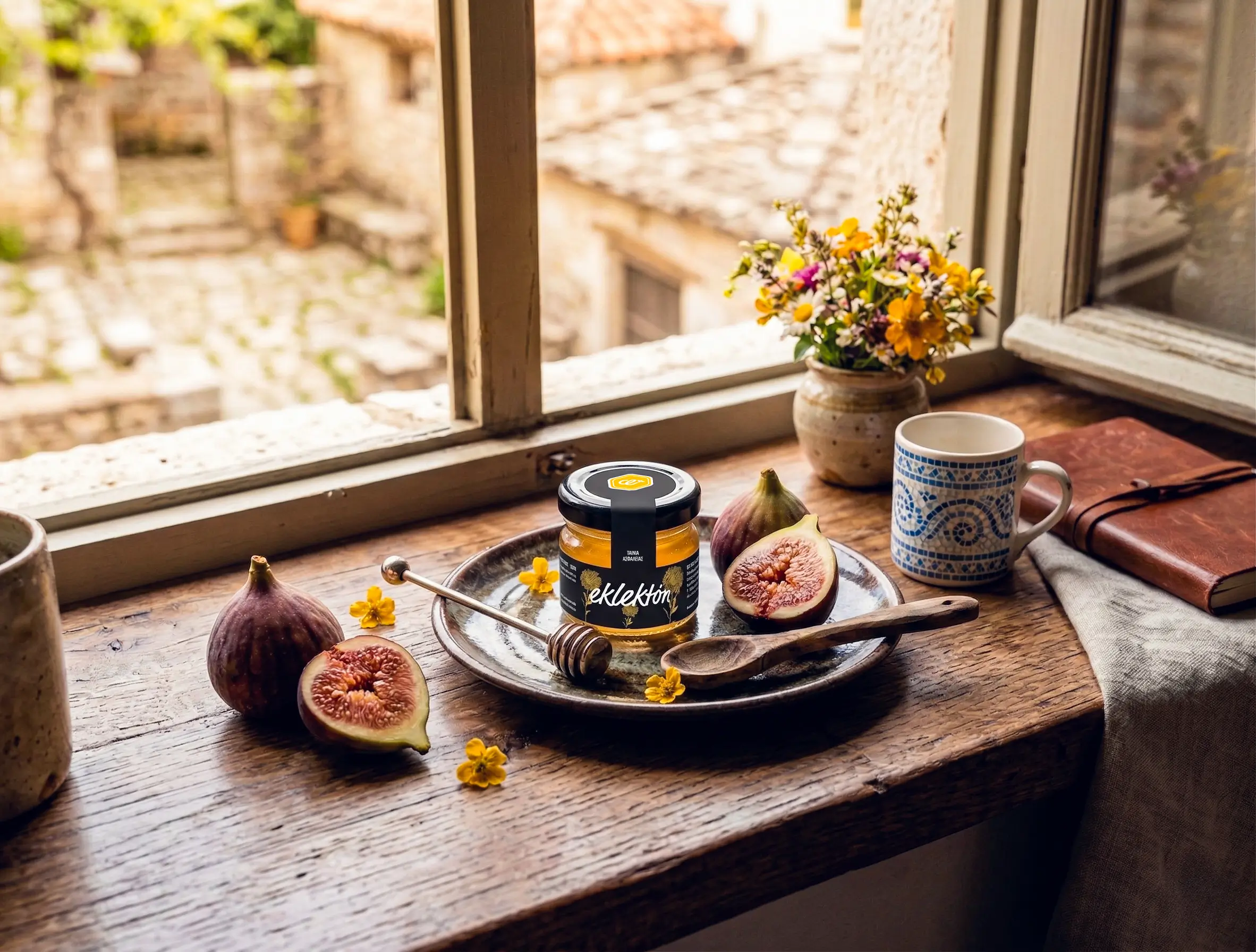 Jar of honey with honey dipper, fresh figs, a wooden spoon on a plate, a cup with blue mosaic pattern, and a vase with yellow and white flowers on a rustic wooden windowsill.