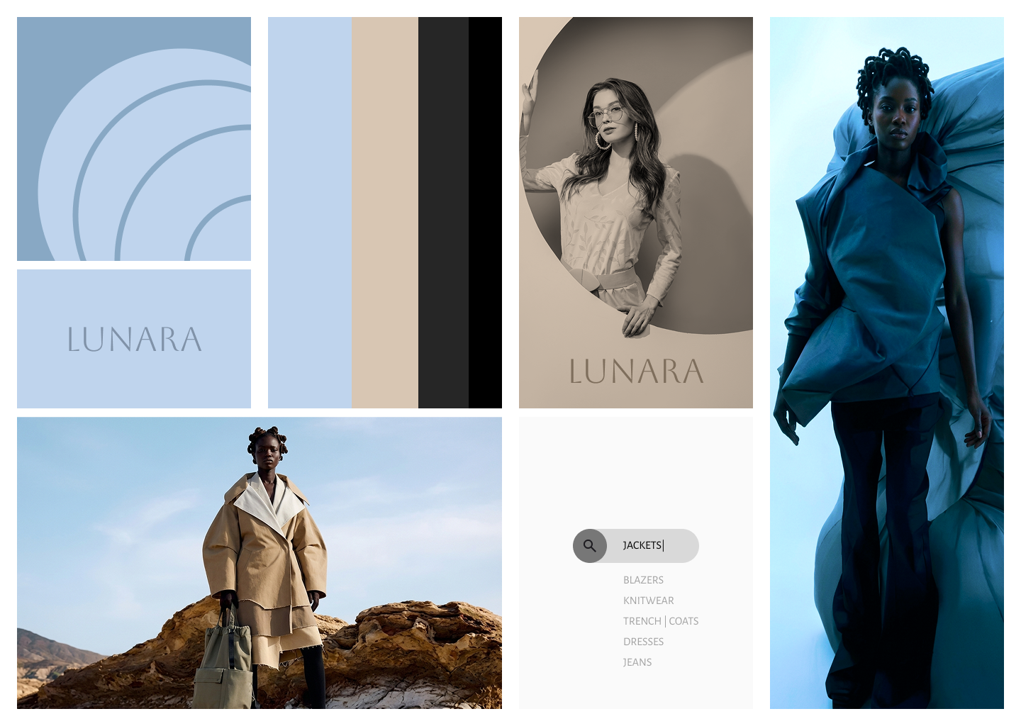 Lunara marka logosu ve renk paleti, toprak tonlarında ve açık mavi, kadın modeller farklı tarzlarda kabanlar giyiyor, moda koleksiyonu.