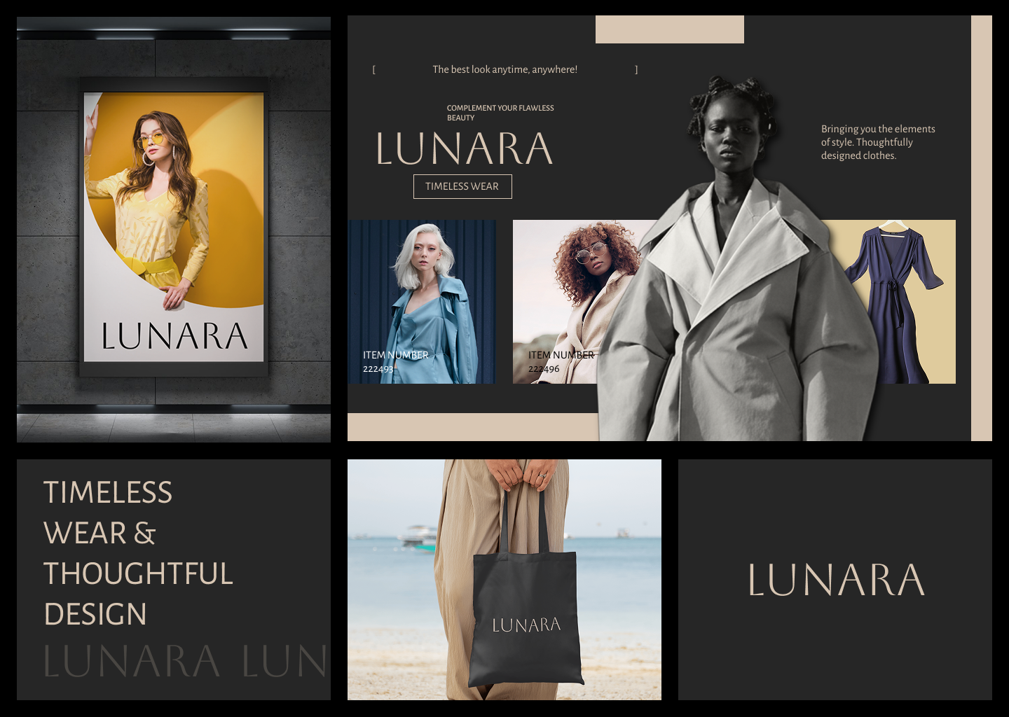 Lunara moda markasına ait siyah arka plan üzerinde farklı modelleri ve ürünleri tanıtan görseller ve metinler.