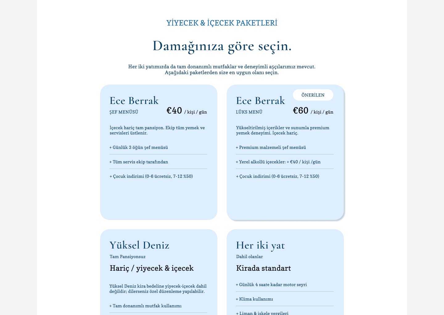 Yiyecek ve içecek paketleri menüsü, Ece Berrak şef menüsü 40 euro, lüks menü 60 euro, Yüksel Deniz tam pansiyonsuz ve her iki yat dahil olanlar detayları.
